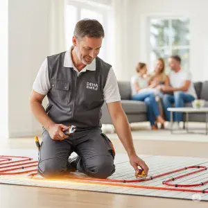 "Deha Enerji teknisyeni, modern bir evde yerden ısıtma borularını kontrol ederken görülüyor. Arka planda konforlu bir şekilde oturan aile, Deha Enerji'nin satış sonrası düzenli destek ve güvenilir hizmet anlayışını simgeliyor."