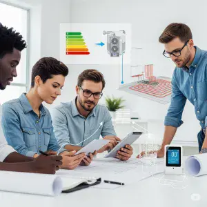 "Deha Enerji'nin profesyonel ekibi, modern bir ofis ortamında, yerden ısıtma sistemlerinin enerji verimli tasarımını ve akıllı çözümlerini tartışırken görülüyor. Mühendisler, tabletler ve planlar üzerinde çalışarak inovasyon ve uzmanlıklarını sergiliyor."